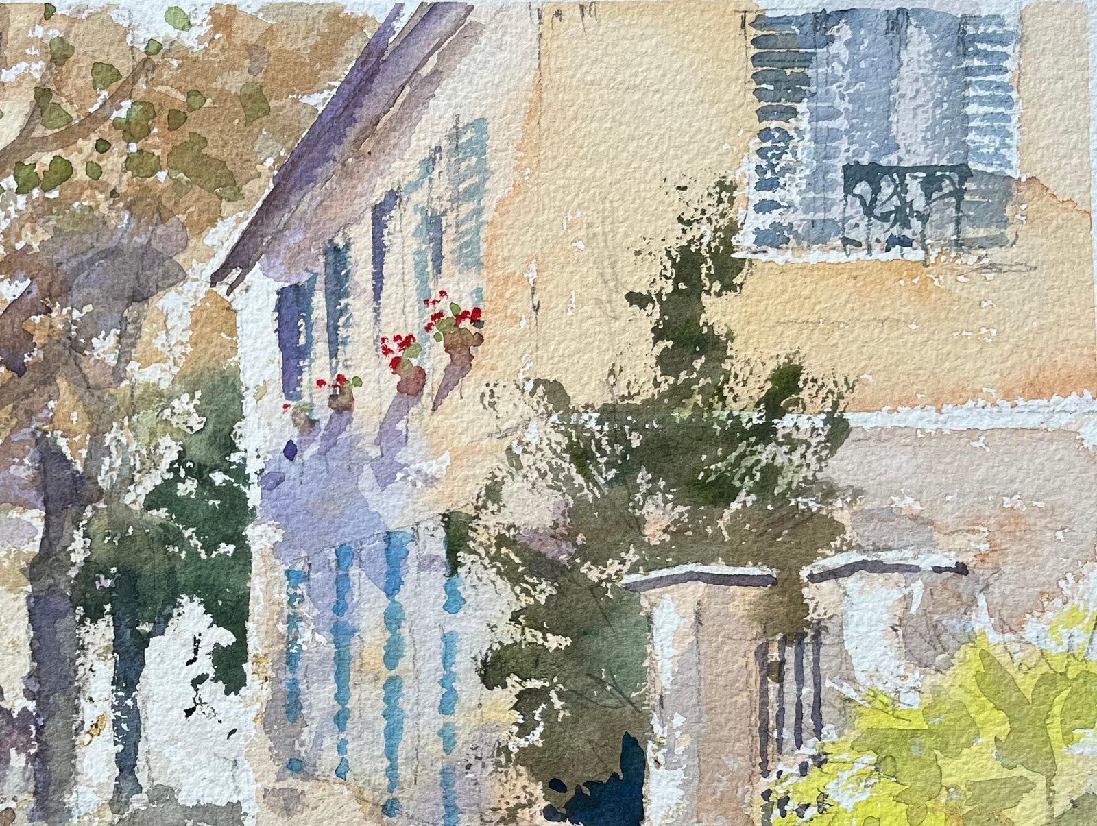 British Impressionist Watercolor Of Sunlit Village Street With Bridge photo Art