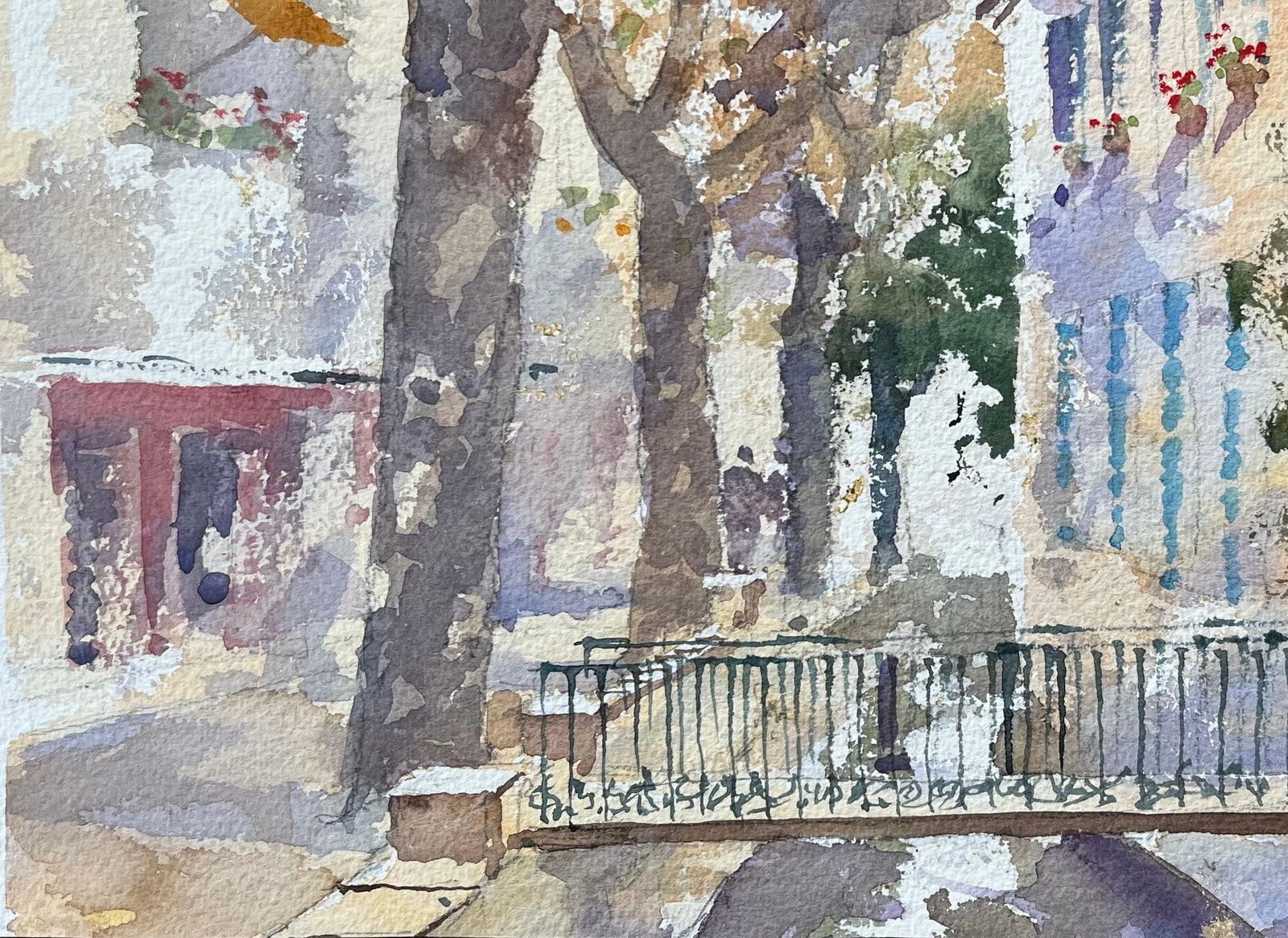 British Impressionist Watercolor Of Sunlit Village Street With Bridge photo 500.0