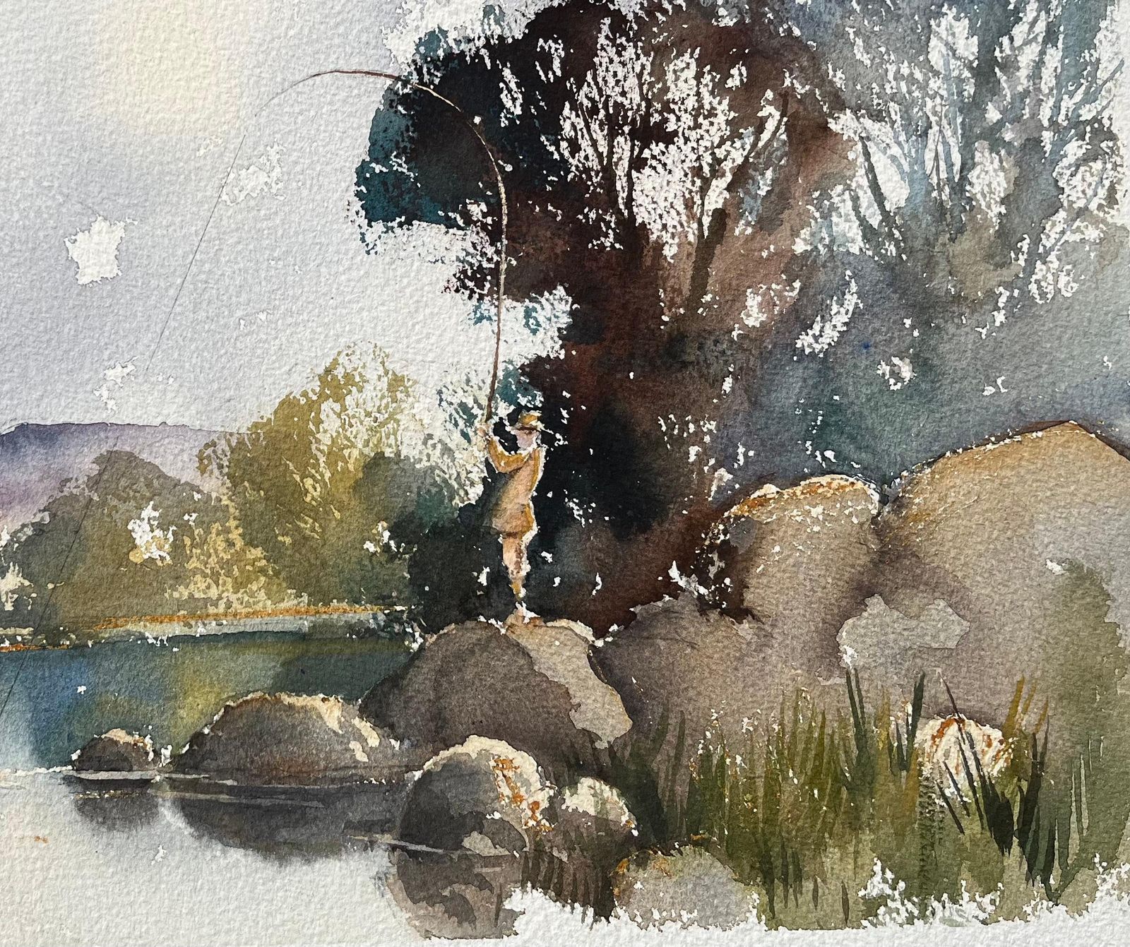 British Impressionist Watercolor Of A Fisherman By A Riverside 1998 photo for sale