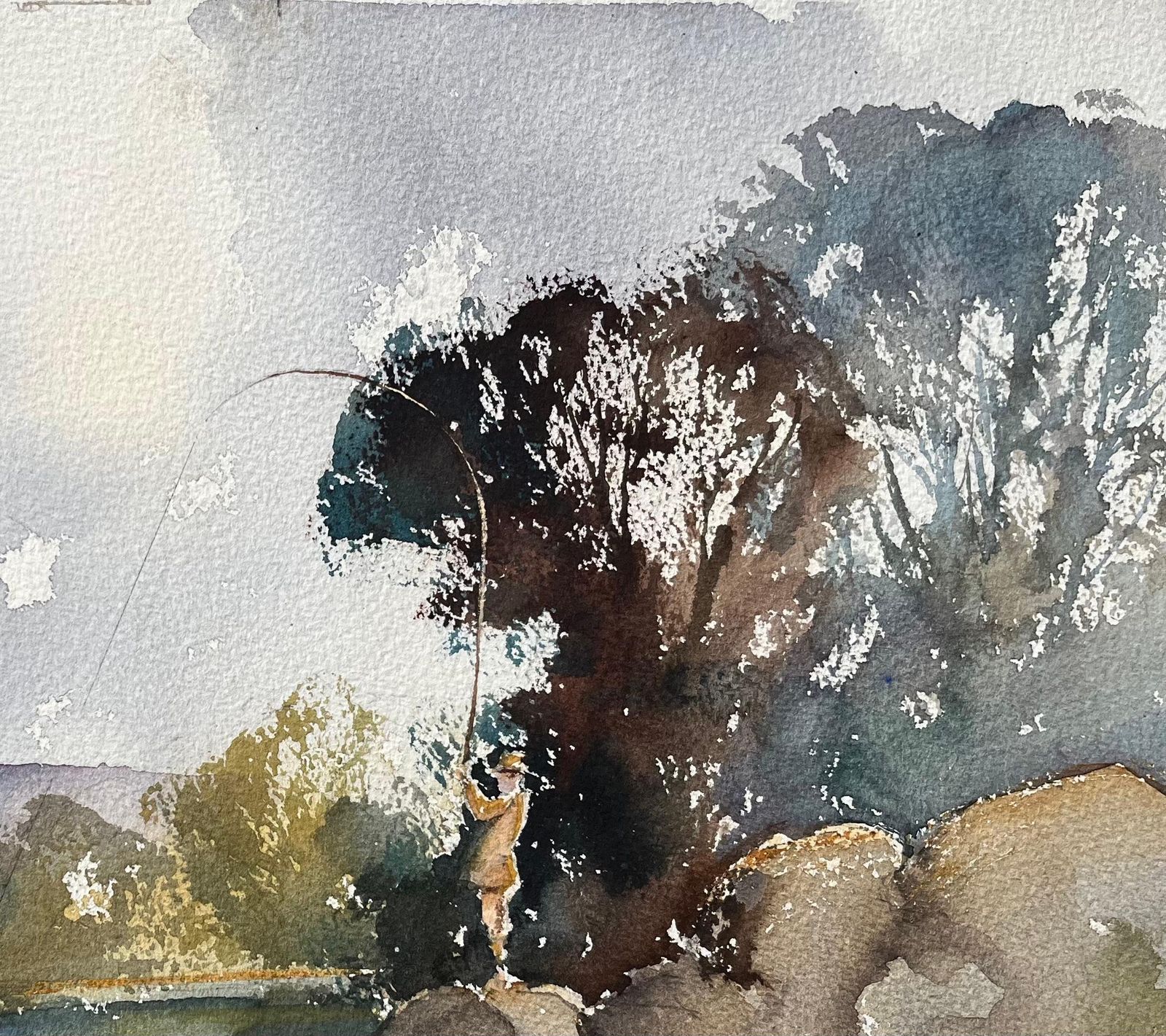 British Impressionist Watercolor Of A Fisherman By A Riverside 1998 photo Art