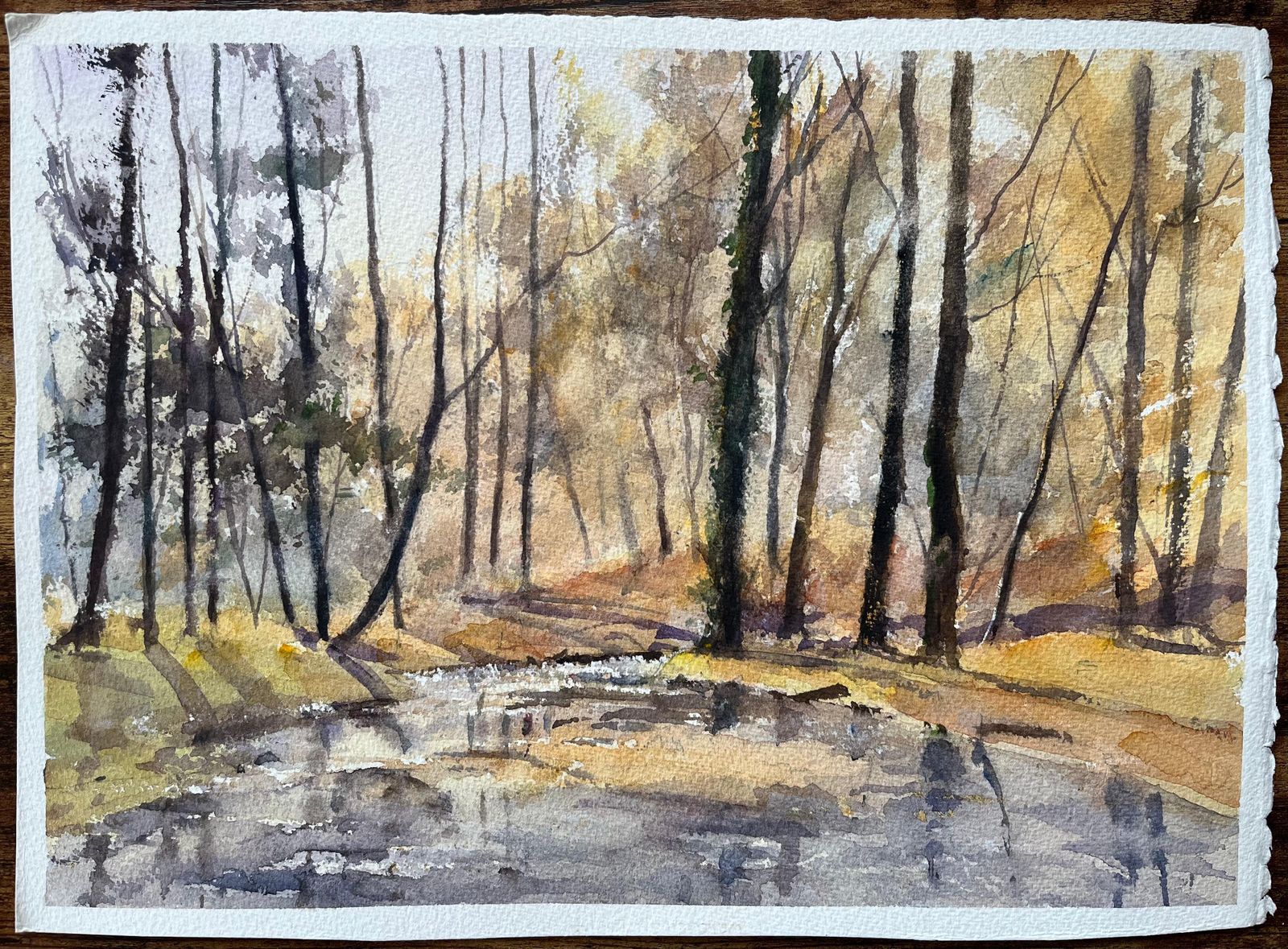 British Impressionist Watercolor Of A Misty Riverside With Church Spire photo furniture