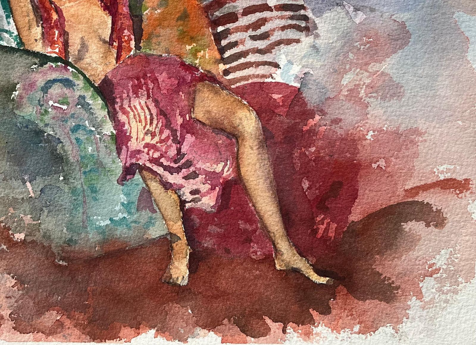 British Impressionist Watercolor Of Reclining Figure In Vibrant Interior photo for sale