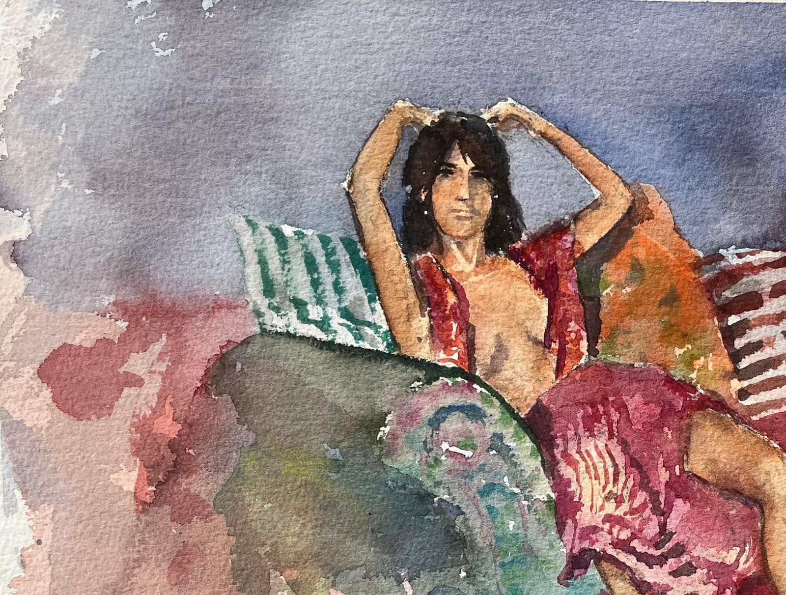 British Impressionist Watercolor Of Reclining Figure In Vibrant Interior photo Art