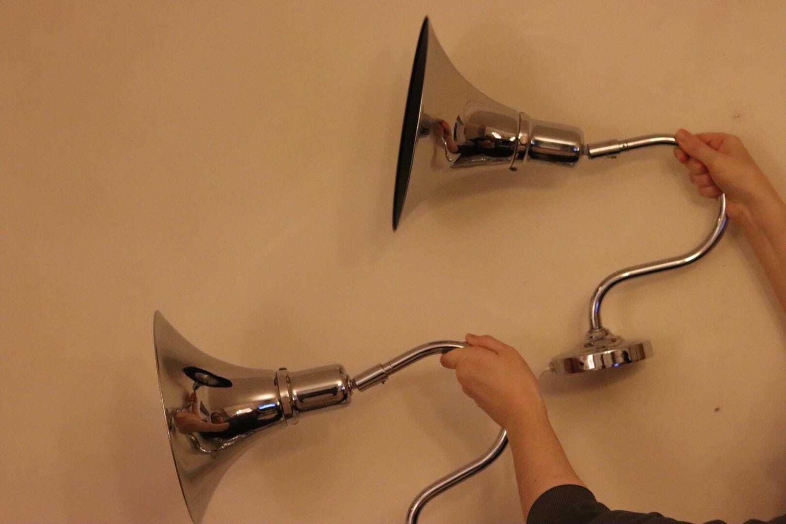 Danish 1960's Pair Of Statement Trump Shape Lights In Chrome, Designed By Börje Claes For Norlett Elit.