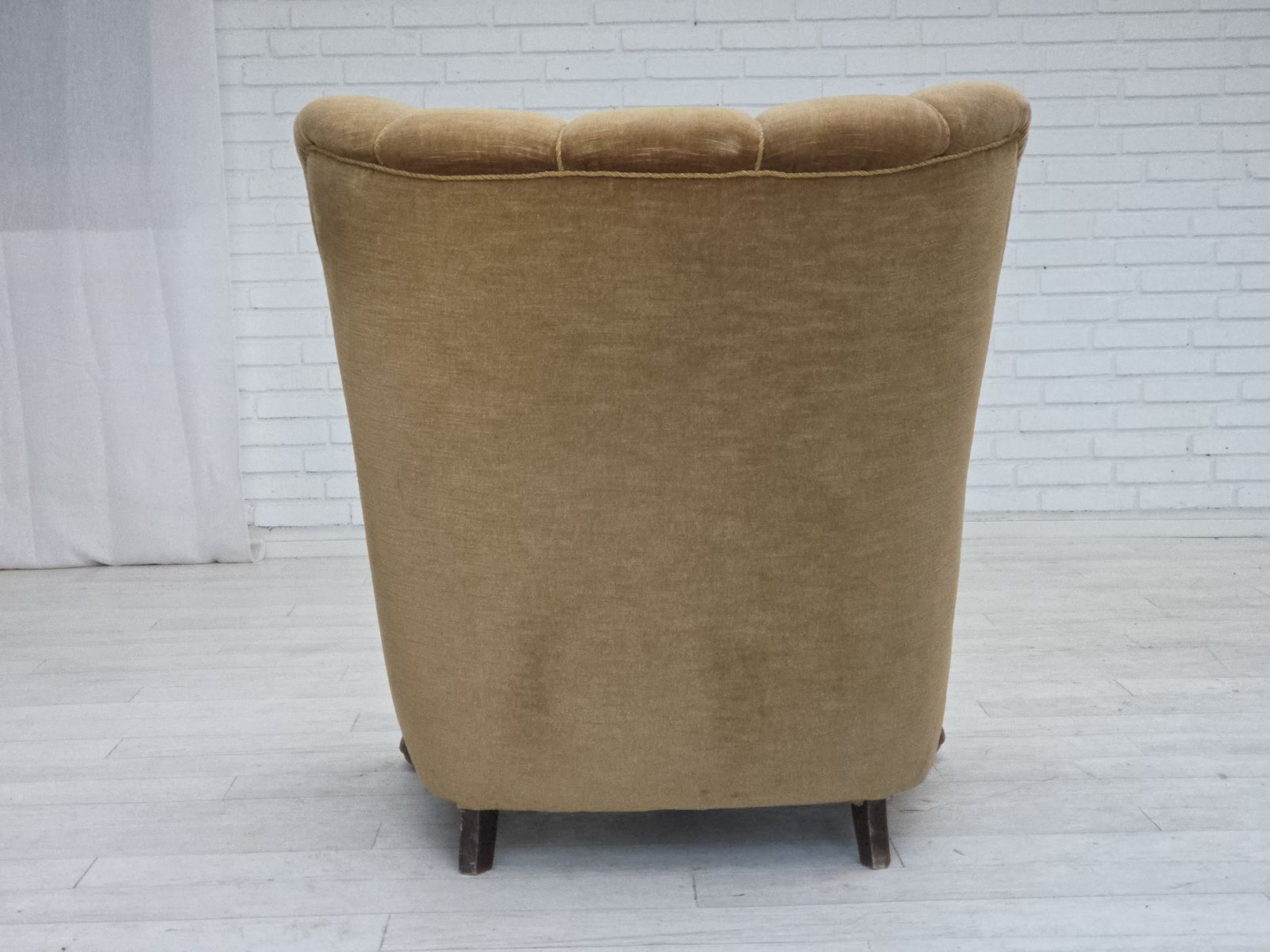 1960s, Danish Relax Chair, Original Green Furniture Velour, Carved Oak Wood. photo buy