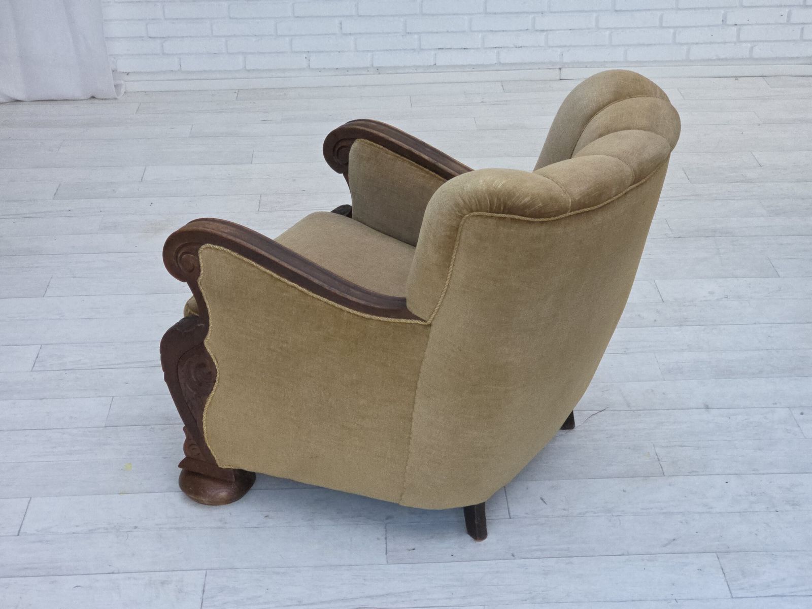 Furniture 1960s, Danish Armchair, Original Green Furniture Velour, Carved Oak Wood. photo