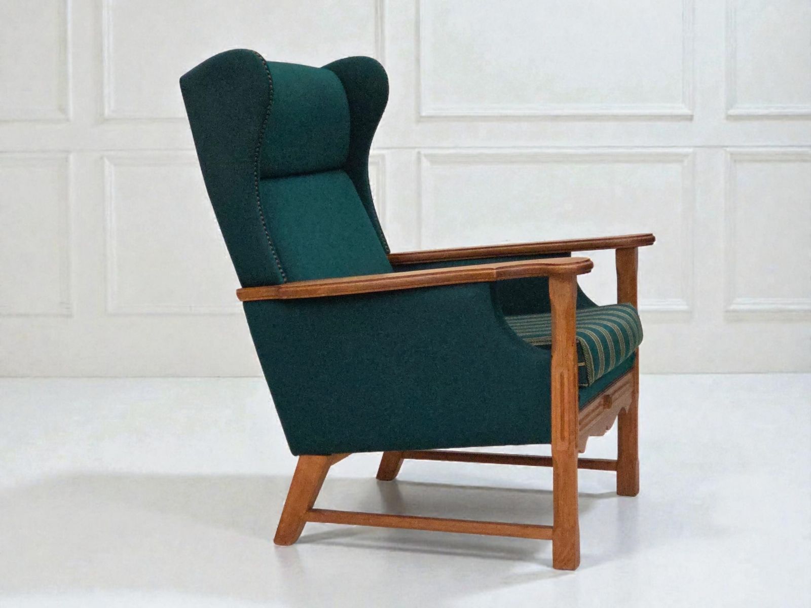 1970s, Danish High Back Armchair, Furniture Wool, Solid Oak Wood.