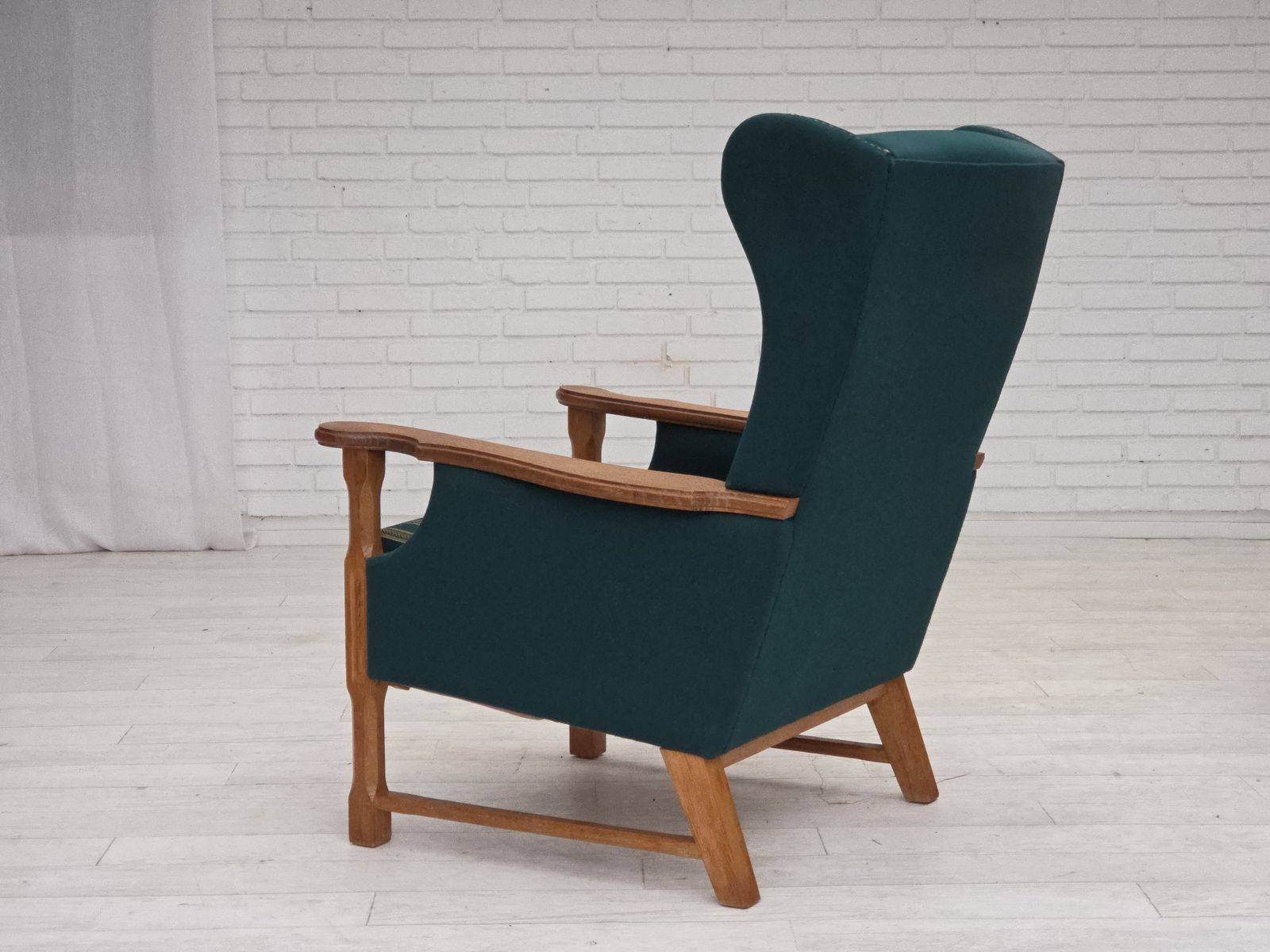 1970s, Danish High Back Armchair, Furniture Wool, Solid Oak Wood. photo furniture