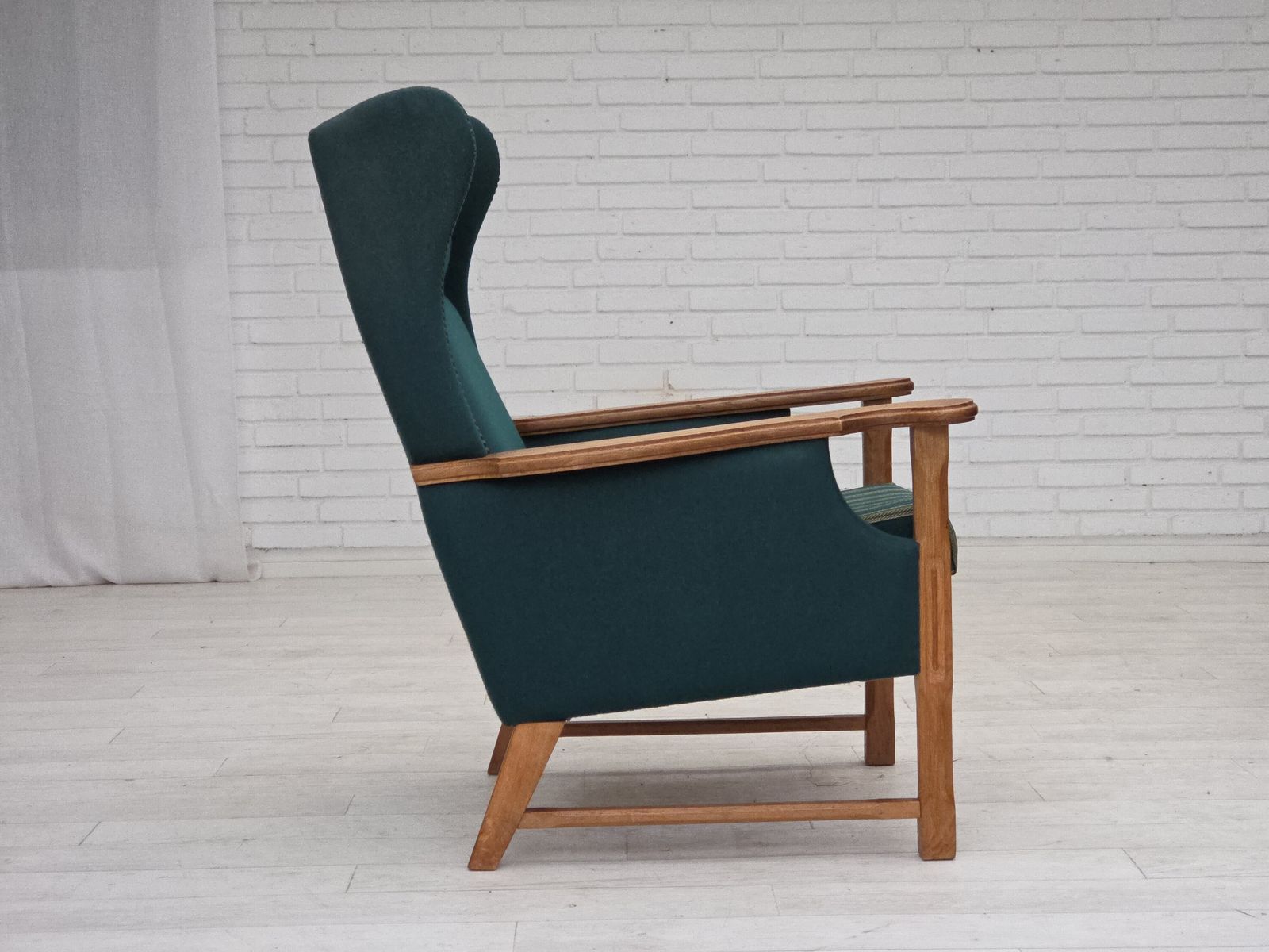 photo furniture 1970s, Danish High Back Armchair, Furniture Wool, Solid Oak Wood.