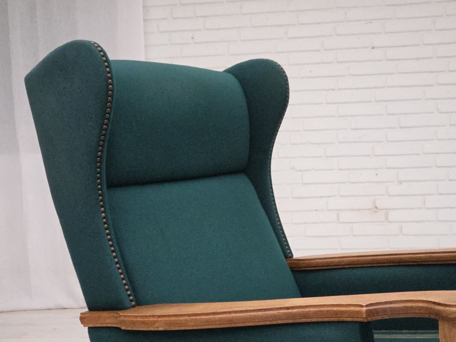 1370.0 1970s, Danish High Back Armchair, Furniture Wool, Solid Oak Wood. photo