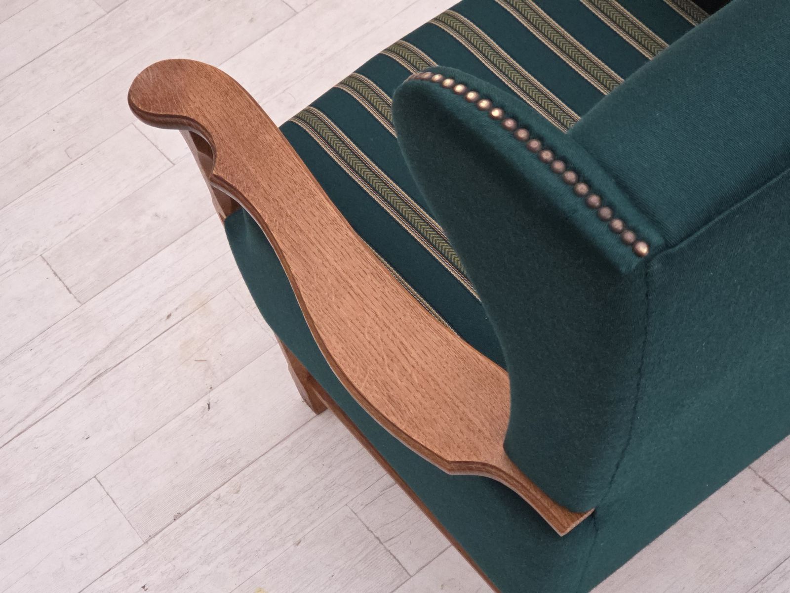 photo vinterior 1970s, Danish High Back Armchair, Furniture Wool, Solid Oak Wood.