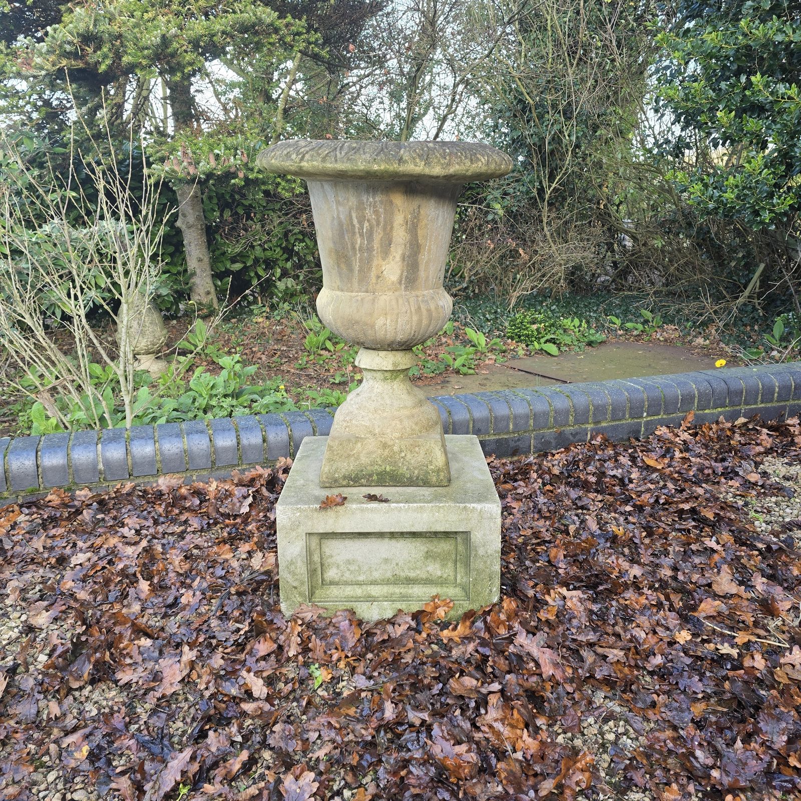 Large Well Weathered Garden Urn On Pedestal