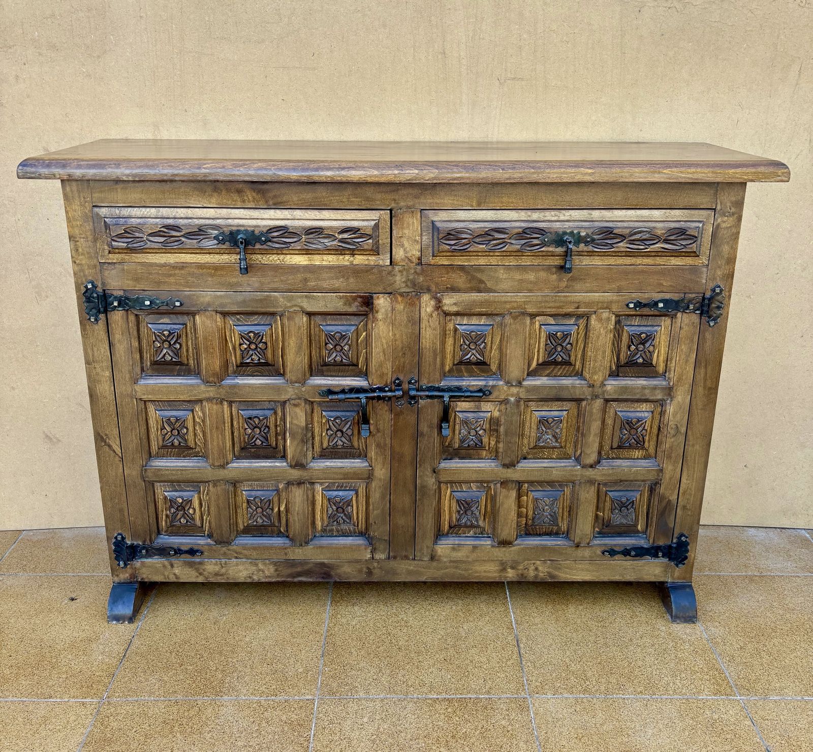 Spanish Rustic Solid Wood Sideboard With Hand Carved Panels And Original Iron Hardware photo 1850.0