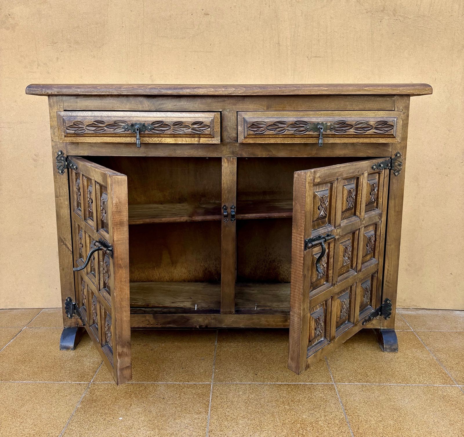 Spanish Rustic Solid Wood Sideboard With Hand Carved Panels And Original Iron Hardware photo buy