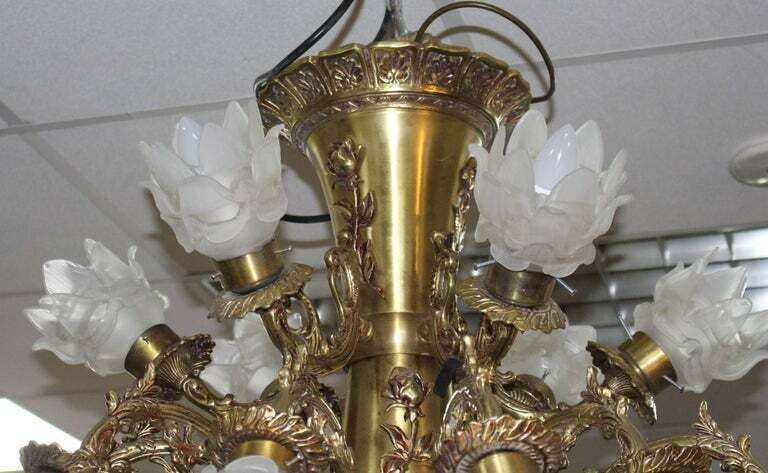 Quality Mid 20th Century French Brass Chandelier With Glass Shades photo furniture