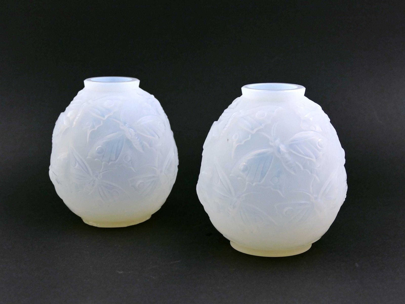 2 Antique French Art Deco Frosted Glass Round Vases By Verlys With Butterfly Pattern, Pair Of Retro 1920 Glassware Designer Chic Home Decor photo 339.0