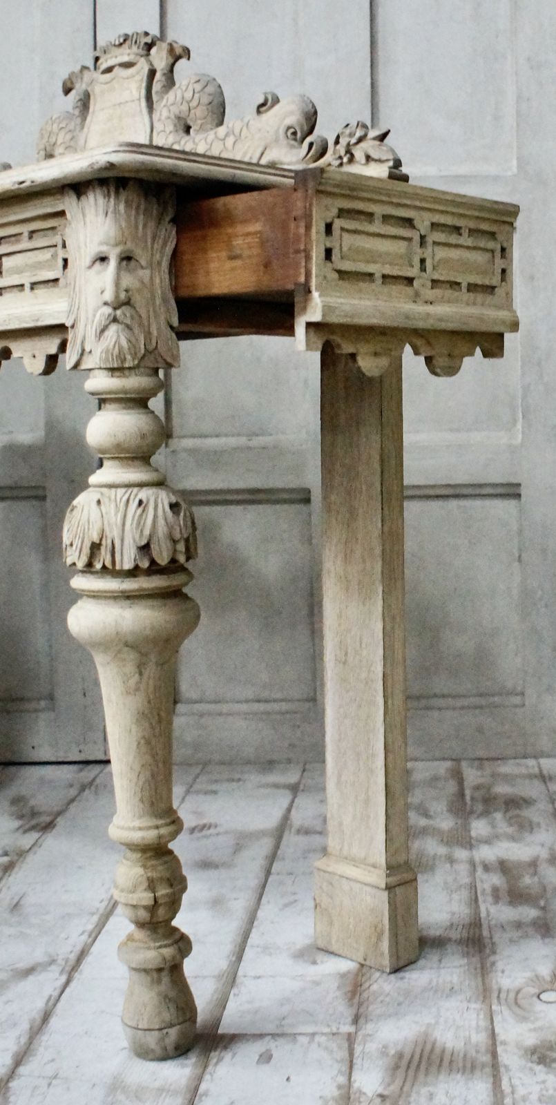 photo for sale Antique Bleached Oak Green Man Hall Table