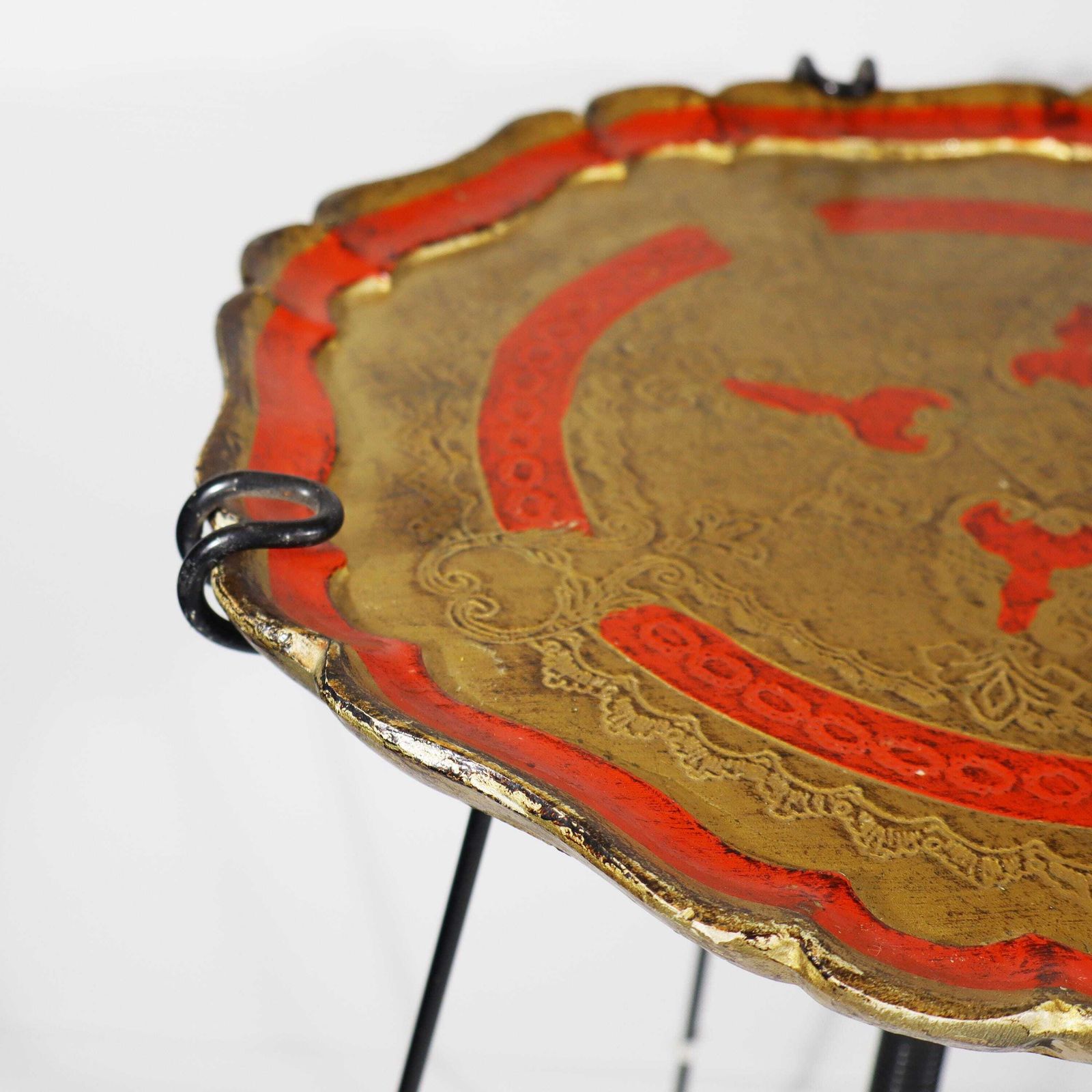 photo for sale 1950s Vintage Tripod Folding Side Table With Florentine Tray