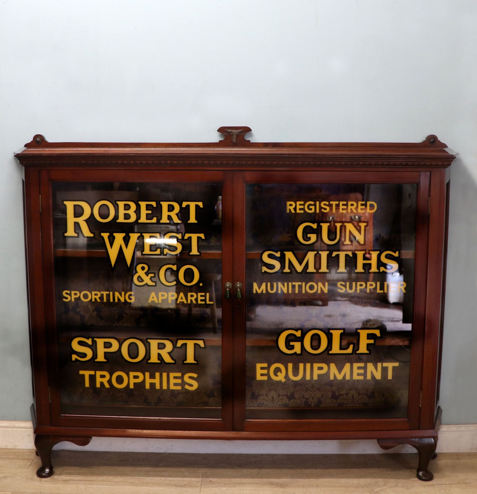 A Top Quality Late 19th Century Solid Mahogany Display Cabinet, Later Hand Sign Written For Robert West Gunsmith.