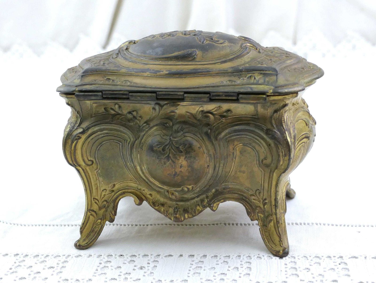 photo for sale Antique French Worn Gold Plated Bronze Ornate 4 Legged Jewelry Box, Retro Rococo Style Casket France, Parisian Versailles Brocante Decor