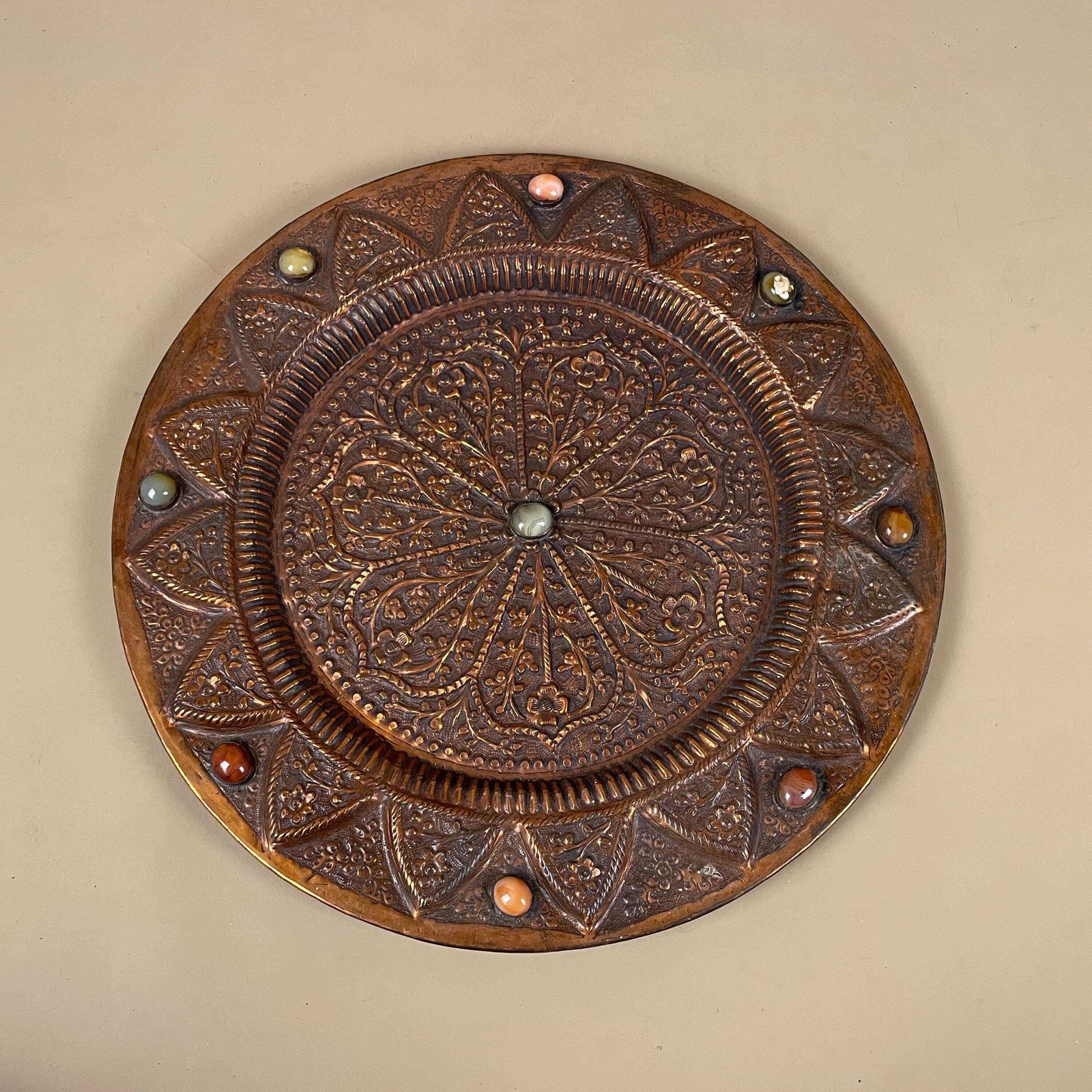 Antique Metal Indian Patterned Copper Tea Tray 36.7cm Plate Asian Gemstones Textured Intricate Decorative Patterned Wall Art Round Vintage