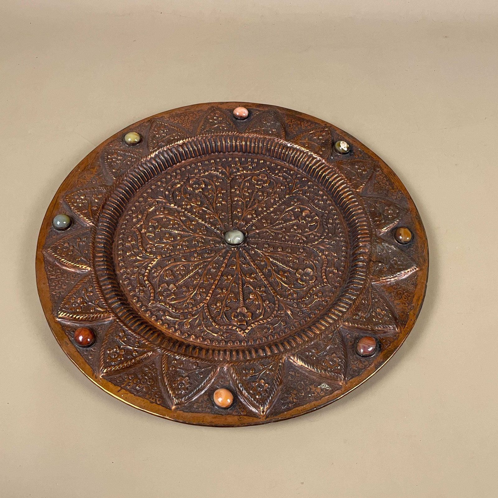Antique Metal Indian Patterned Copper Tea Tray 36.7cm Plate Asian Gemstones Textured Intricate Decorative Patterned Wall Art Round Vintage photo furniture