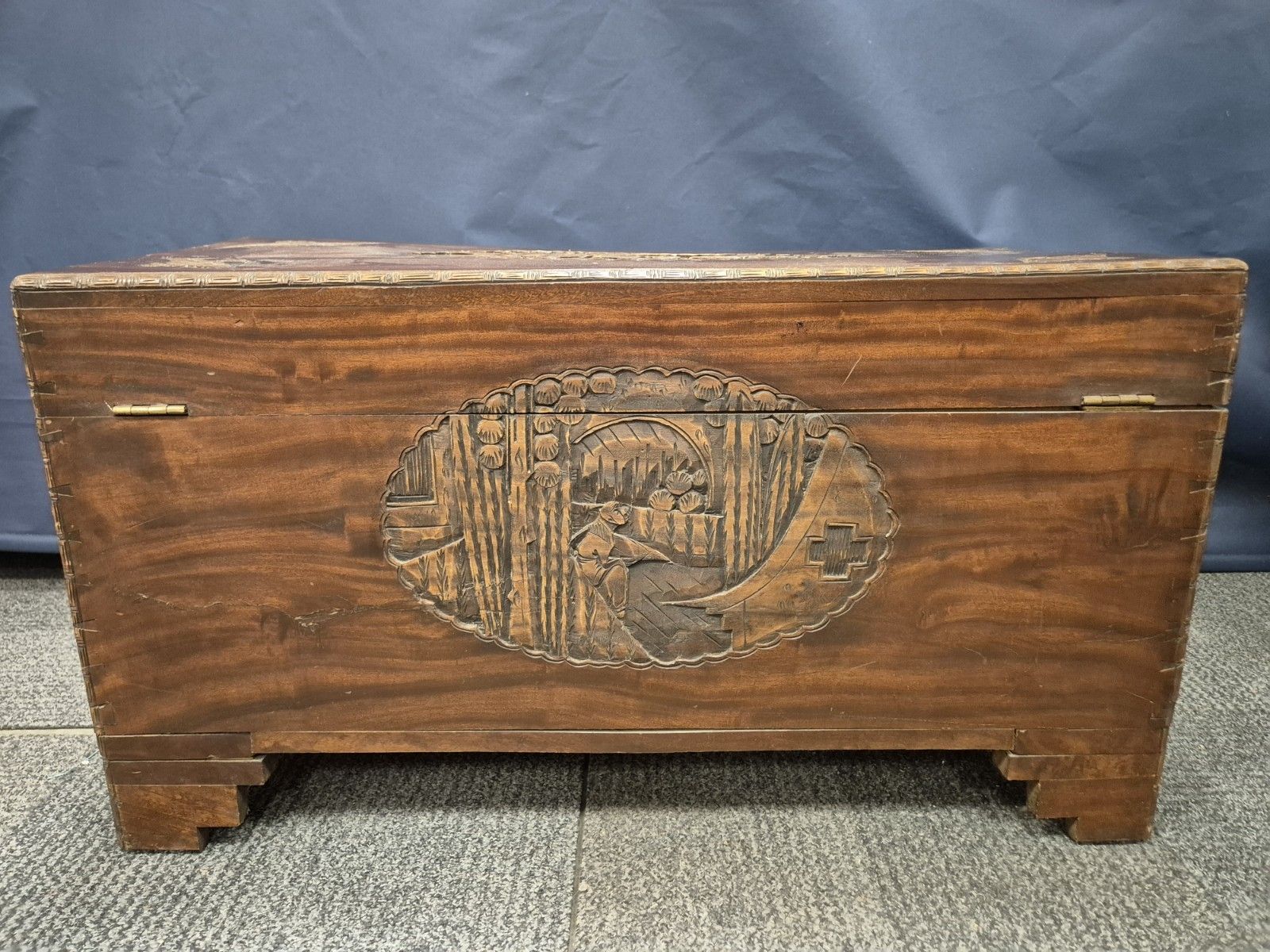 Large Carved Oriental Camphor Wooden Chest With Lock photo vintage
