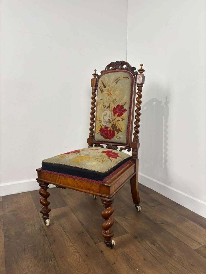 449.0 Victorian Walnut Prayer Chair With Tapestry Upholstery photo