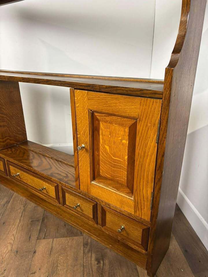 Vintage Oak & Mahogany Cross Banded Wall Shelves With Cupboards photo for sale