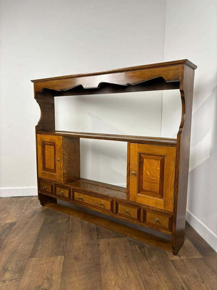 Vintage Oak & Mahogany Cross Banded Wall Shelves With Cupboards