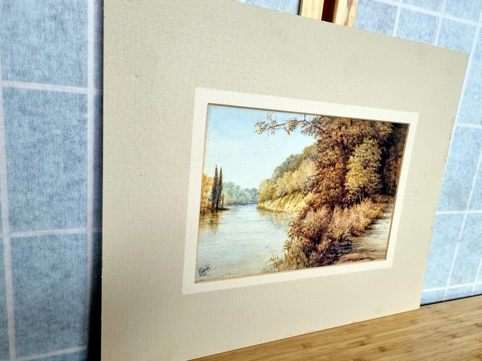 Original Watercolour Landscape Artwork, L Cowper Signed, English River Scene On Paper, Mounted Fine Art C1930s photo furniture