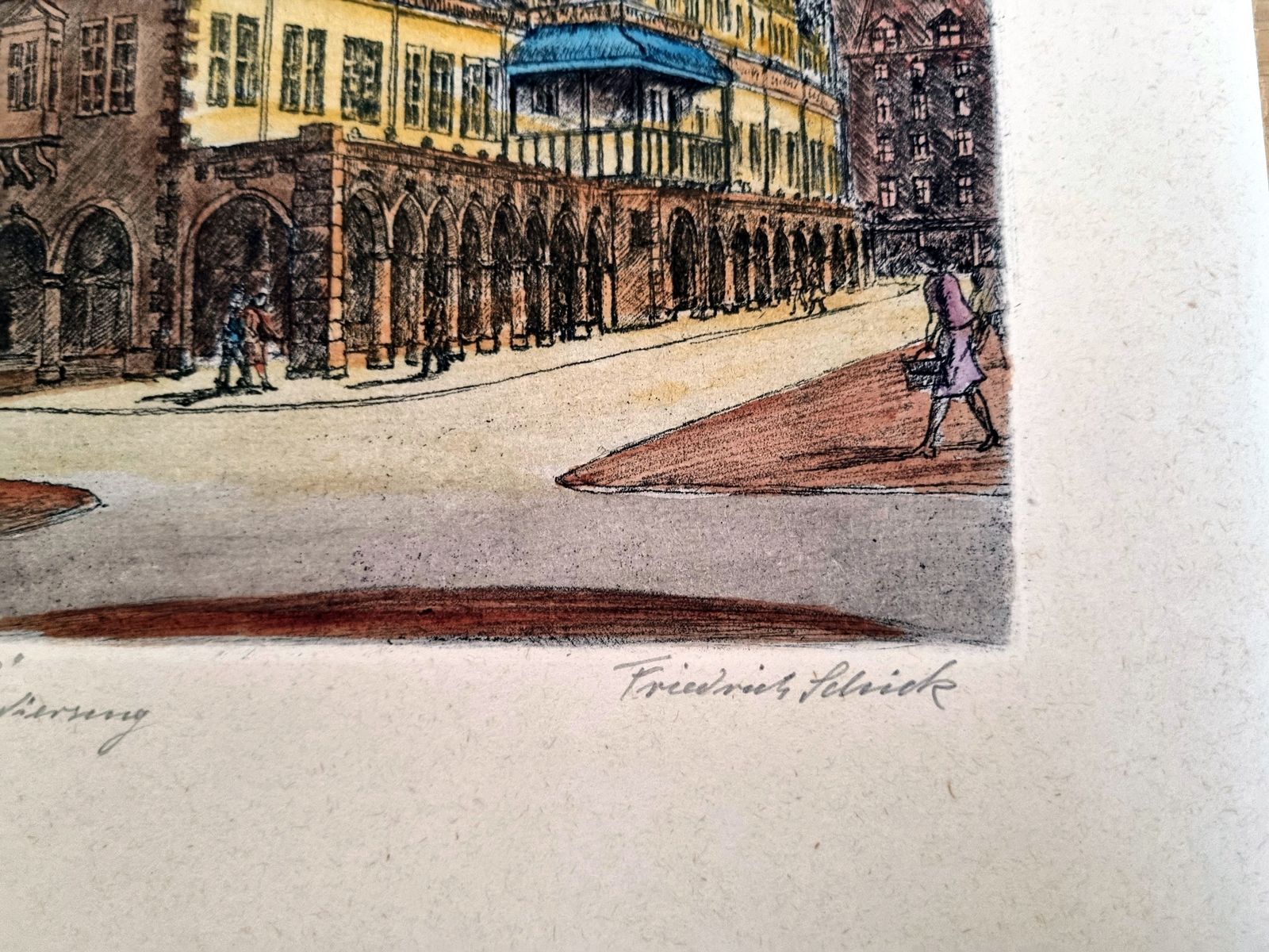 photo for sale Original Etching City View, Friedrich Schick Old Town Hall Leipzig, Hand Coloured Print, German Architecture Art, 1950s