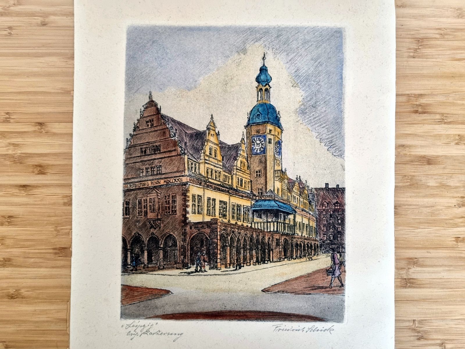 Art Original Etching City View, Friedrich Schick Old Town Hall Leipzig, Hand Coloured Print, German Architecture Art, 1950s photo