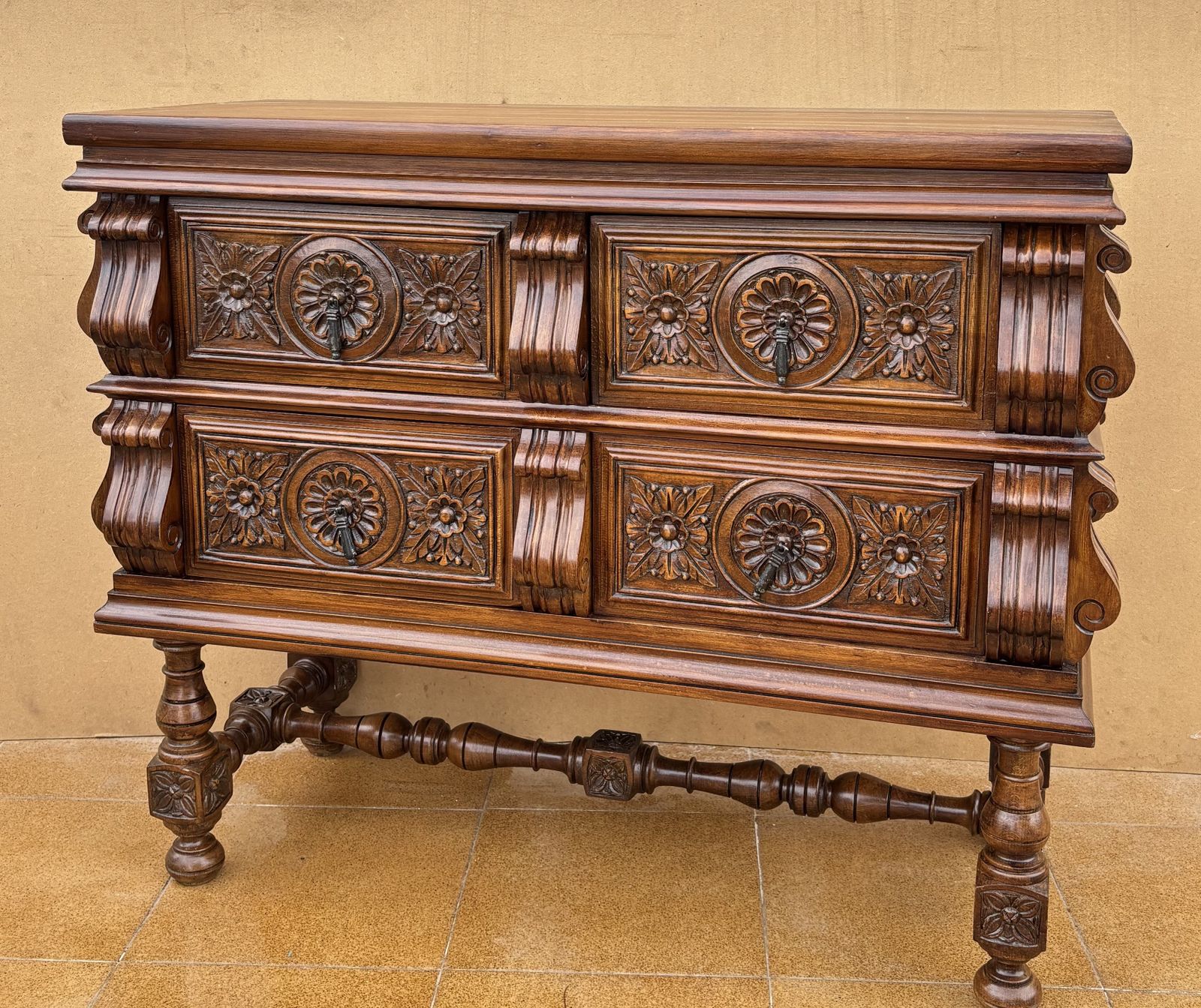 Spanish Baroque Revival Walnut Chest Of Drawers, Late 19th Century photo for sale