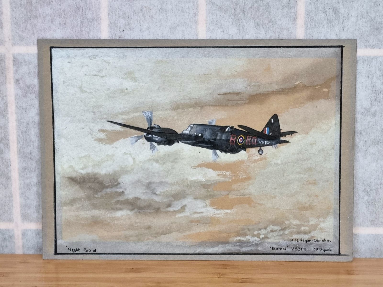 Original Ww2 Aviation Watercolour Painting, Night Patrol Raf Aircraft, Bristol Beaufighter Bambi V8324 29 Squadron, K H Regan Simpkin