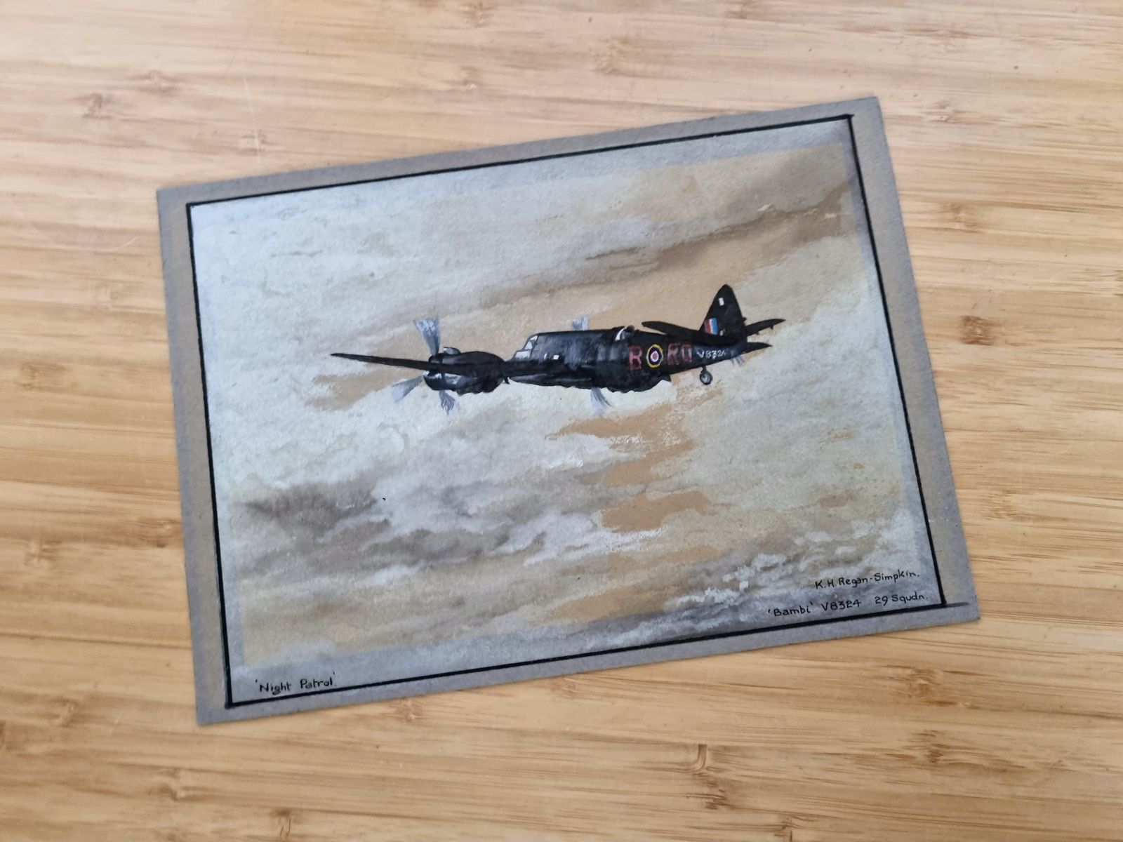 Original Ww2 Aviation Watercolour Painting, Night Patrol Raf Aircraft, Bristol Beaufighter Bambi V8324 29 Squadron, K H Regan Simpkin photo 235.0