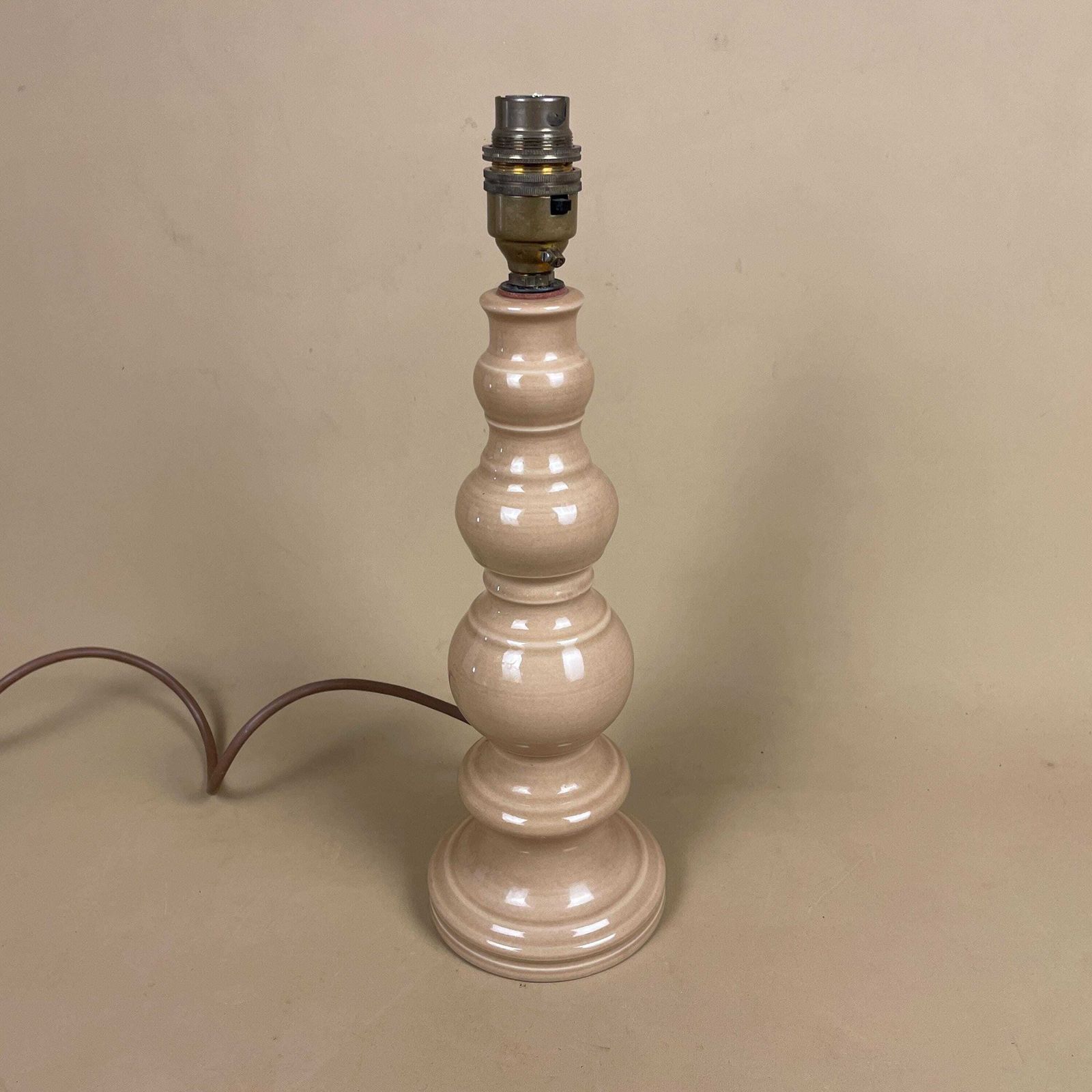 Ceramic Lamp Light Bedside Table Bauble Round Vase Beige Heavy Light Antique Brass Gold Trims Medium Vintage Bulbous Shape Stacked photo furniture