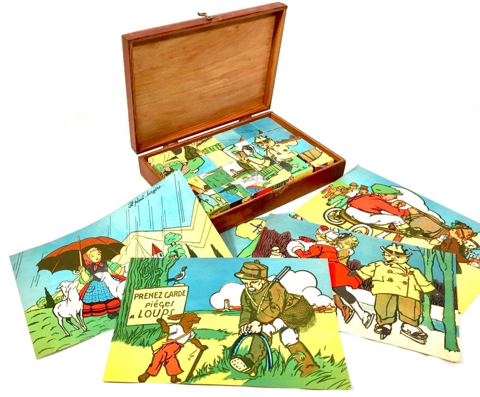 Antique French Wooden Childs Cube Puzzle / Complete / Original Box Papers C.1930 photo for sale