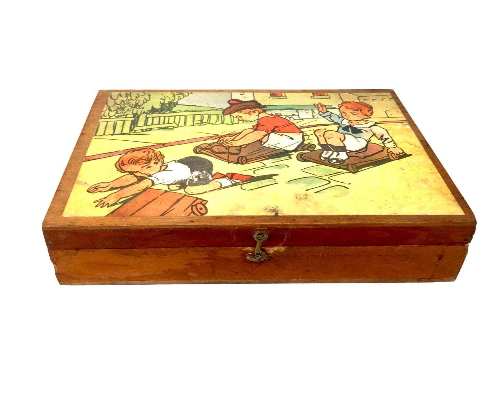 photo for sale Antique French Wooden Childs Cube Puzzle / Complete / Original Box Papers C.1930