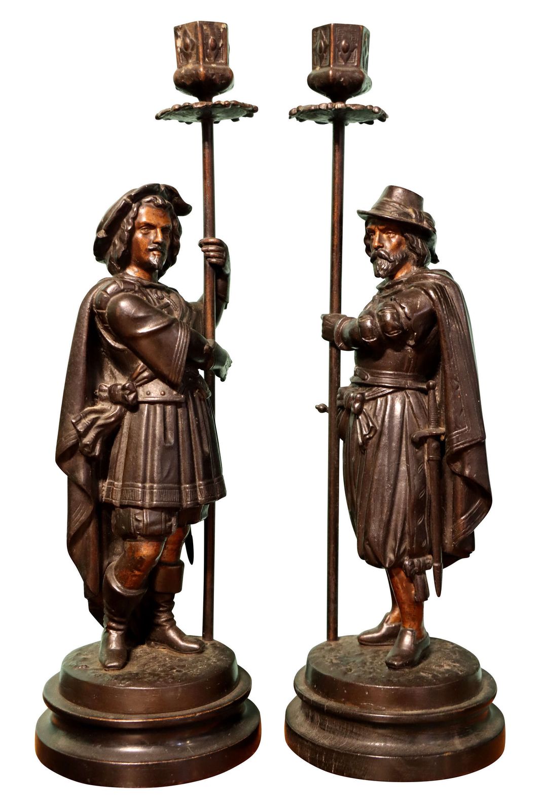 Pair Of Victorian Bronze Candlesticks Modelled As Carolean Cavalier Figures, C.1850–1870 photo furniture