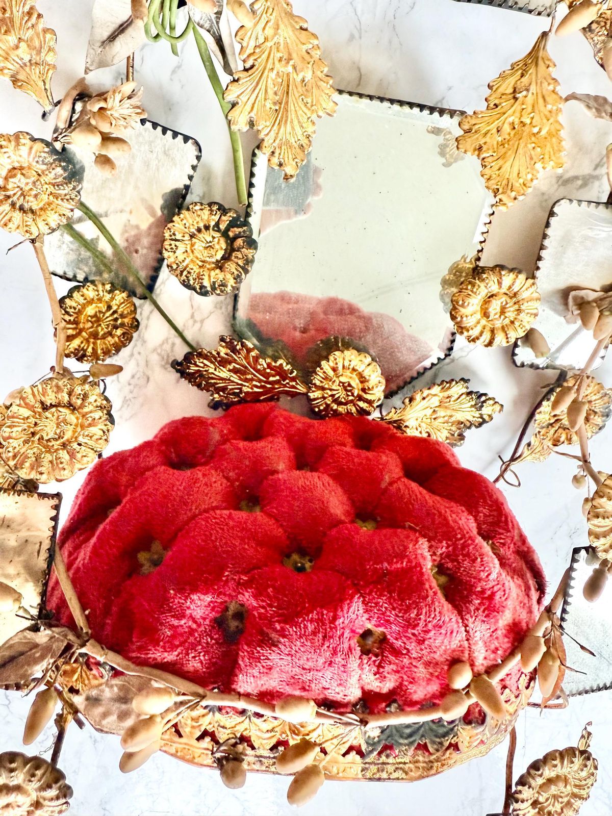 Antique Large 1800 French Wedding Globe Ornament Gilded Toleware Bird Foliage Hand Painted Mirror Romantic Victorian Boudoir Red Velvet photo Art