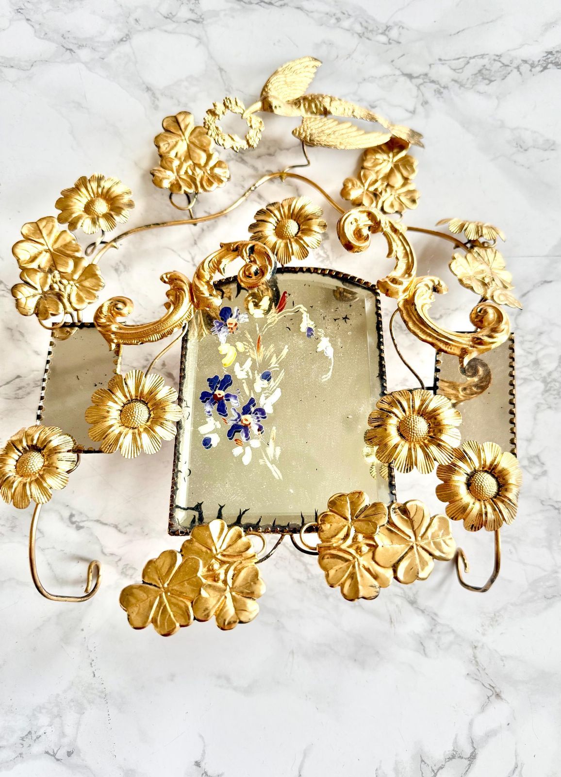 Antique 1800 French "Bridal Globe" Ornament, Gilded Metalwork, Bird And Foliage Hand Painted Mirror Decor, Romantic Victorian Boudoir photo furniture