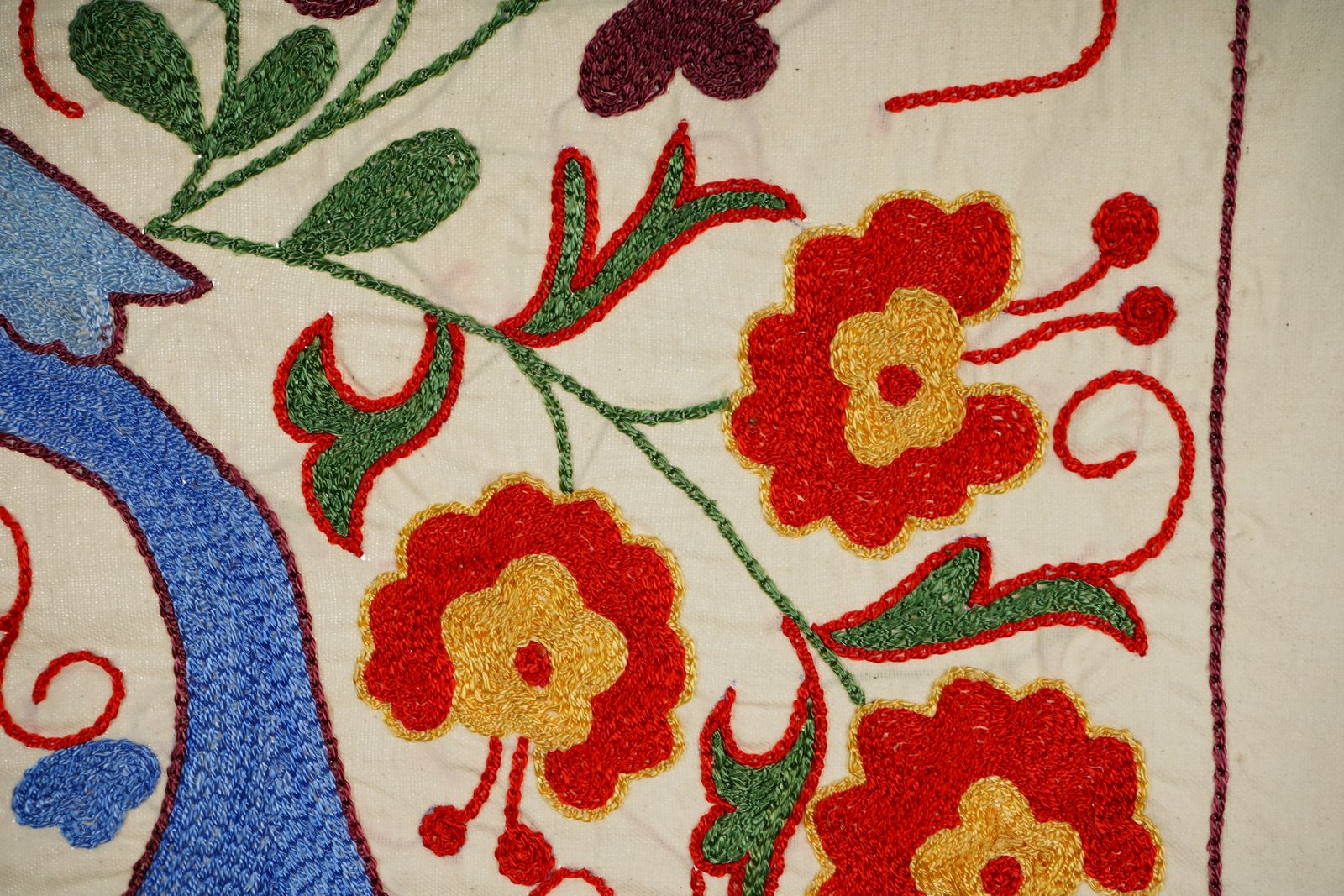 Decorative Suzani Embroidered Cotton Cloth – Featuring Traditional Bird And Floral Designs 1'5'' X 3'1'' photo Textiles