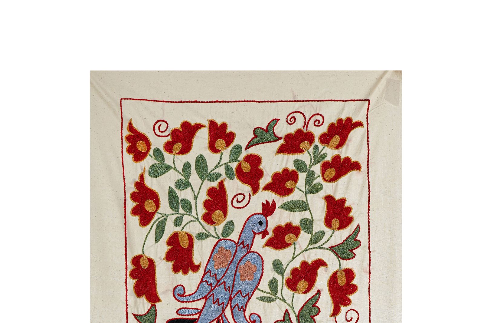 Suzani Embroidered Wall Hanging With Bird & Duck – Textile Art 1'6'' X 3' photo for sale