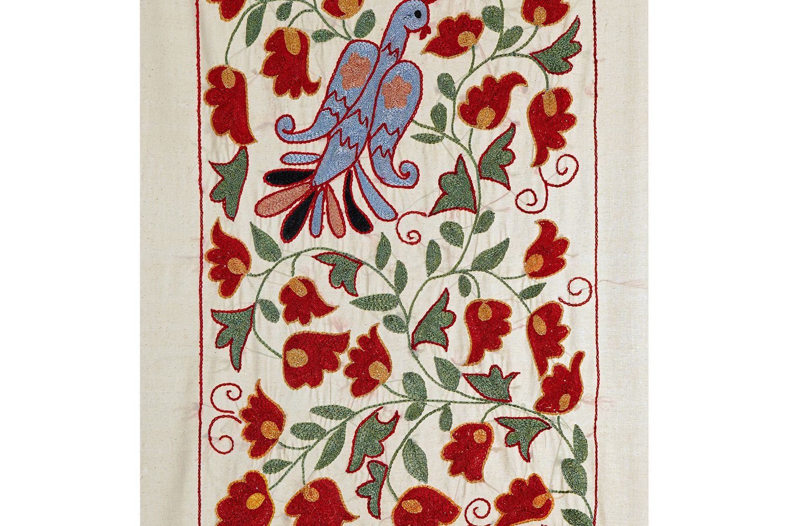 Suzani Embroidered Wall Hanging With Bird & Duck – Textile Art 1'6'' X 3' photo 100.0