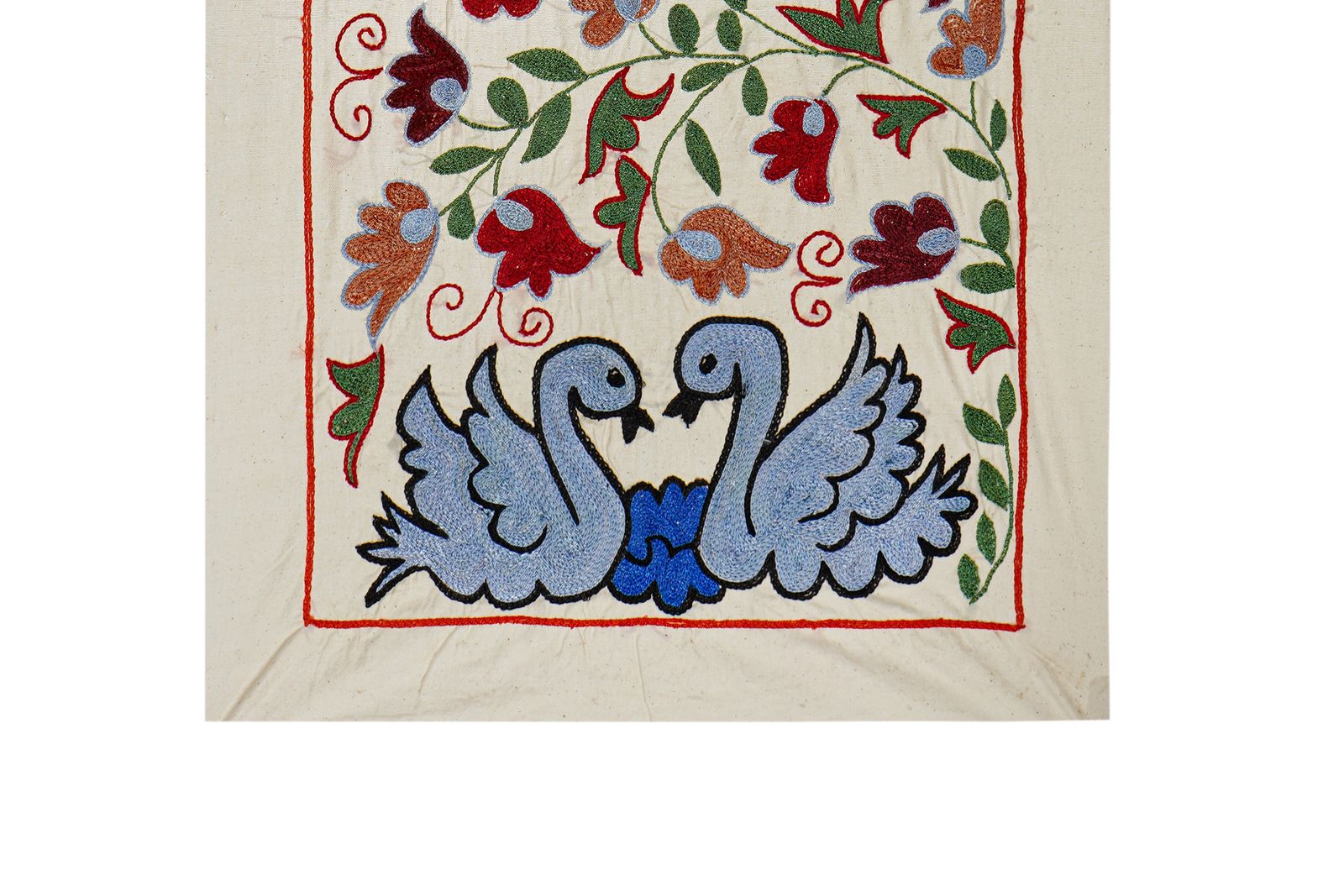Suzani Embroidered Wall Hanging With Bird & Duck – Textile Art 1'6'' X 2'9'' photo furniture