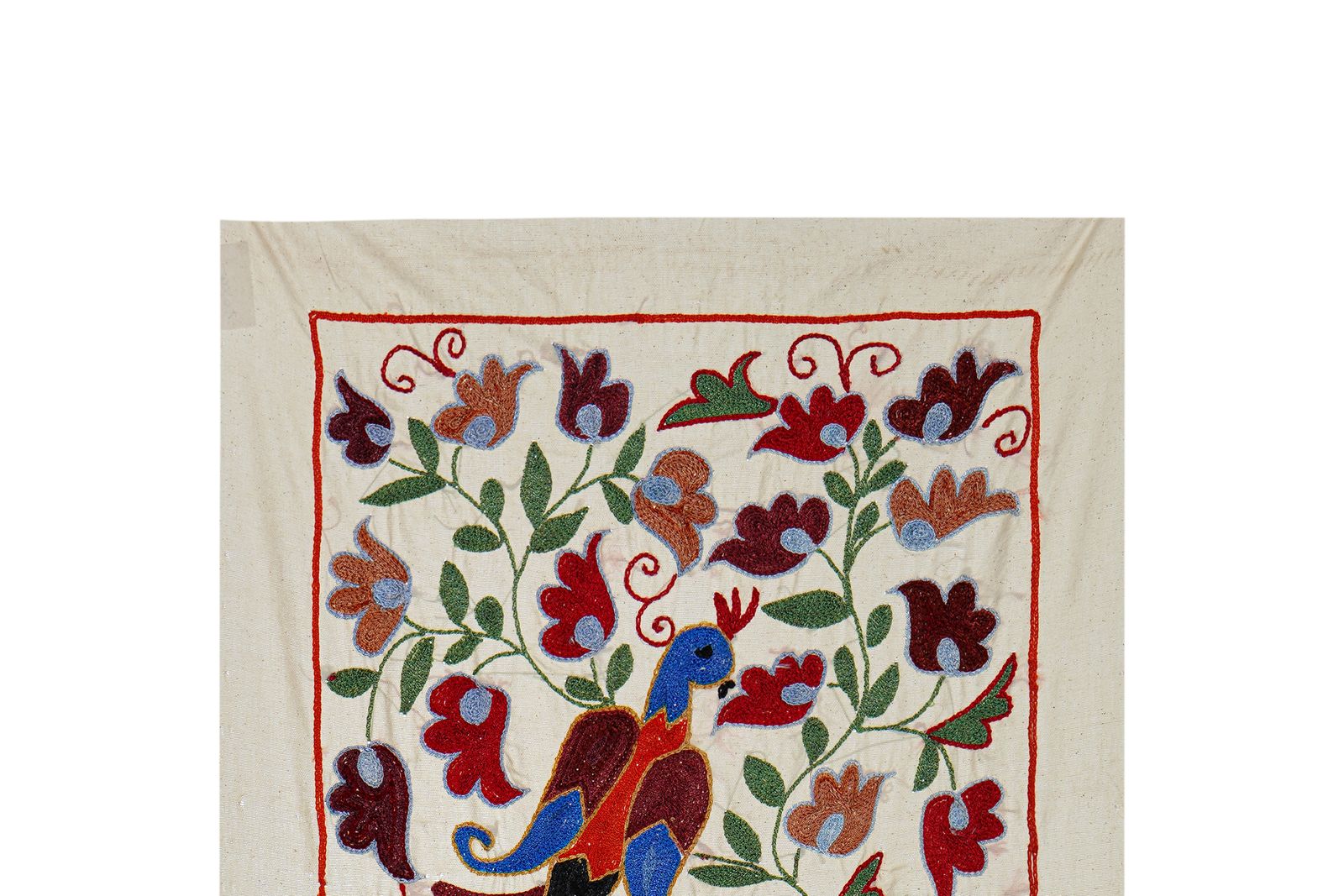 Suzani Embroidered Wall Hanging With Bird & Duck – Textile Art 1'6'' X 2'9'' photo for sale
