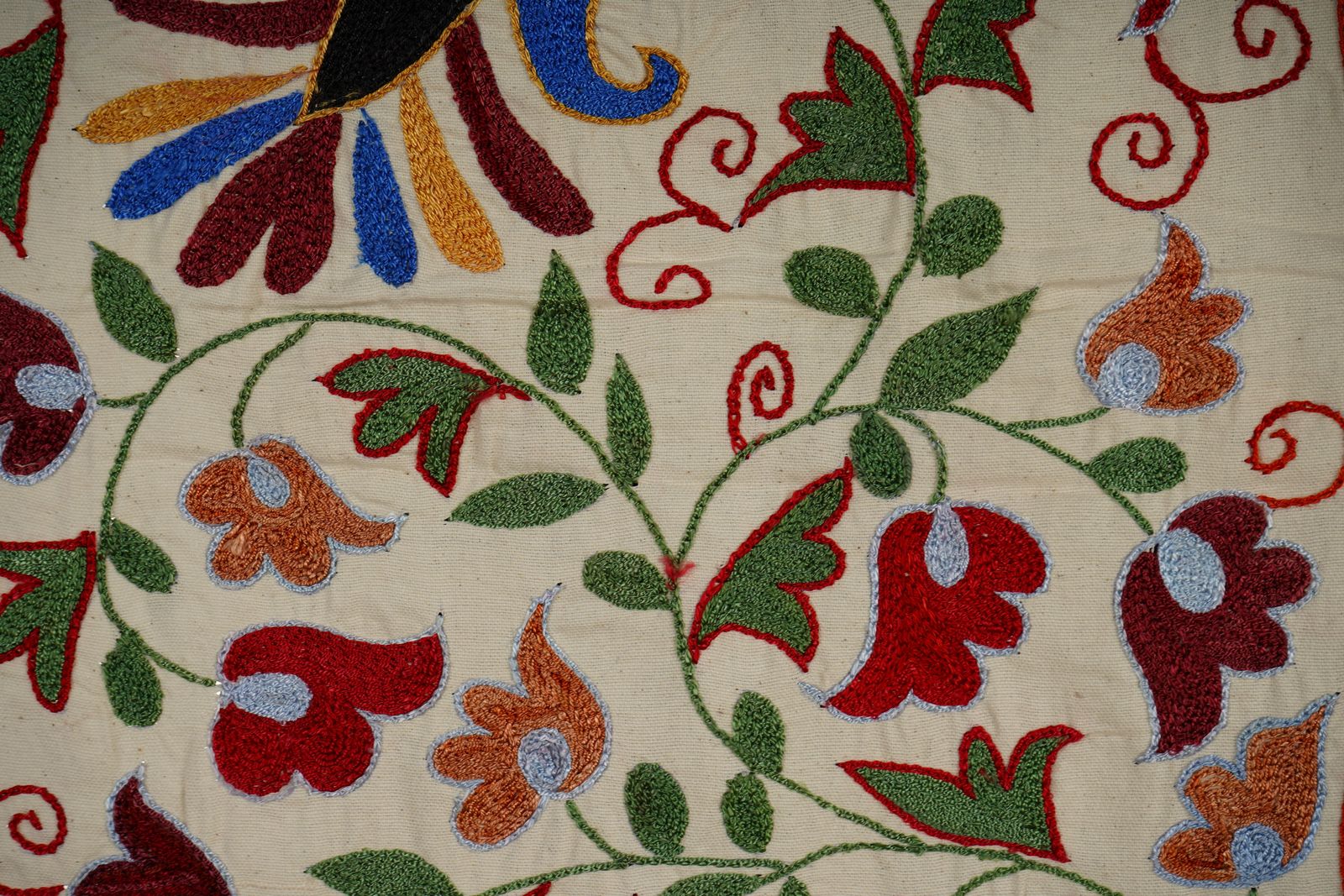 Suzani Embroidered Wall Hanging With Bird & Duck – Textile Art 1'6'' X 2'9'' photo vintage