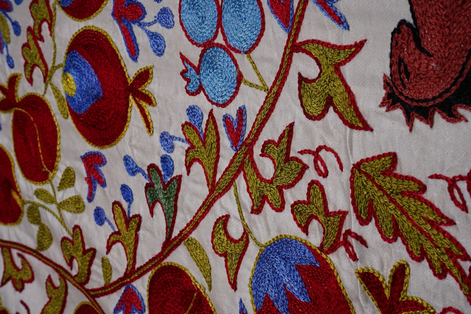 photo vinterior Suzani Tapestry – White Base With Horse And Pomegranate Motifs 3'2'' X 6'