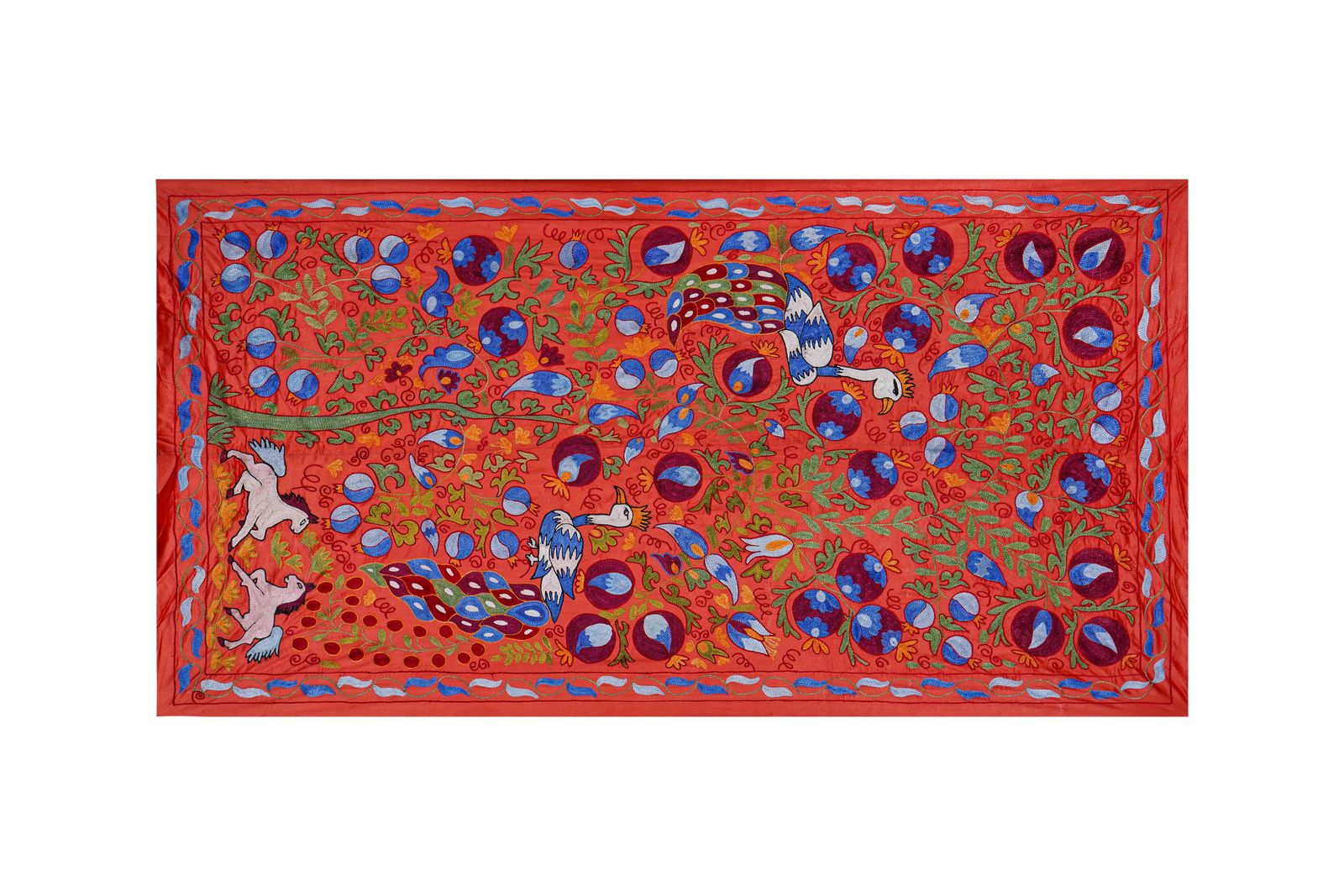 Red Suzani Embroidered Wall Hanging With Peacocks – Silk Cotton Boho Textile 3'4'' X 6'1'' photo for sale